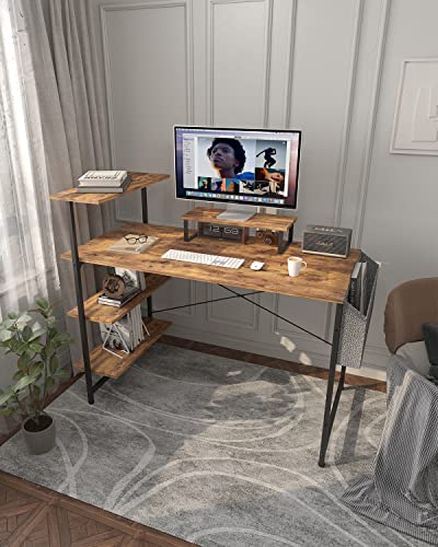 Innerjoin 47 inch Computer Desk with Shelves, Home Office Desk with Monitor Stand, 4 Tier Shelves, Storage Bag, Metal Frames, Rustic Brown