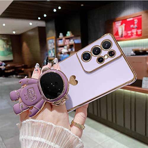 AIGOMARA 6D Plating Astronaut Hidden Stand Case Cover for Samsung Galaxy S21 Ultra 5G Women Astronaut Folding Bracket Kickstand iPhone Case with Camera Protector Soft TPU Shockproof Bumper - Purple