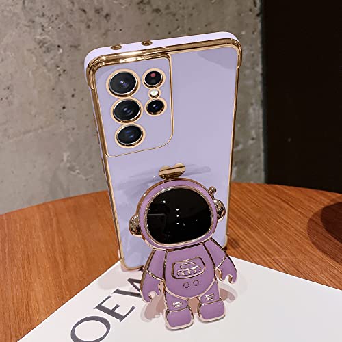 AIGOMARA 6D Plating Astronaut Hidden Stand Case Cover for Samsung Galaxy S21 Ultra 5G Women Astronaut Folding Bracket Kickstand iPhone Case with Camera Protector Soft TPU Shockproof Bumper - Purple