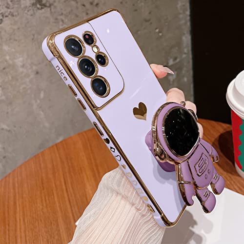 AIGOMARA 6D Plating Astronaut Hidden Stand Case Cover for Samsung Galaxy S21 Ultra 5G Women Astronaut Folding Bracket Kickstand iPhone Case with Camera Protector Soft TPU Shockproof Bumper - Purple