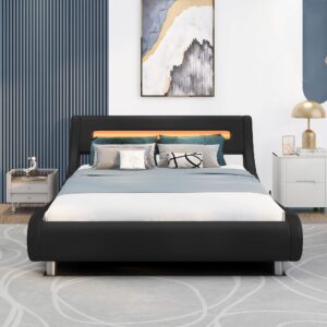 RUNWON Full Size Modern LED Upholstered Platform Bed Frame with Headboard Like Low Profile and Underneath Storage Space for Kids Adults,Easy Assembly