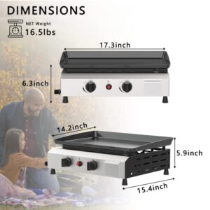 SKOK 2 Burner Gas Griddle- 17 Inch Outdoor Propane Griddle- 20000 BTU Propane Fuelled, Portable Flat Top Gas Grill Camping Griddle Station with Side Shelves for Kitchen, Outdoor BBQ, Camping Tailgating or Picnicking (Only Gas Griddle)