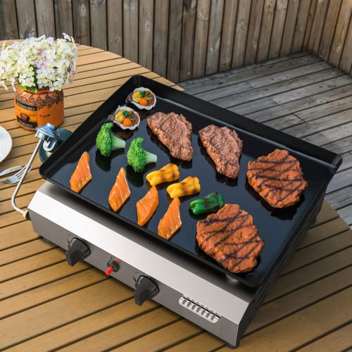 SKOK 2 Burner Gas Griddle- 17 Inch Outdoor Propane Griddle- 20000 BTU Propane Fuelled, Portable Flat Top Gas Grill Camping Griddle Station with Side Shelves for Kitchen, Outdoor BBQ, Camping Tailgating or Picnicking (Only Gas Griddle)