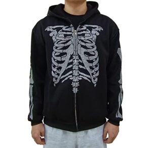 lokkcy y2k rhinestone skeleton hoodie 2022 for men women, skull sweater print long sleeve zip up spider hoodies-m
