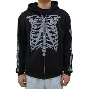 Lokkcy Y2K Rhinestone Skeleton Hoodie 2022 for Men Women, Skull Sweater Print Long Sleeve Zip Up Spider Hoodies-M