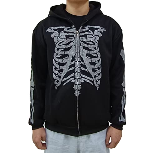 Lokkcy Y2K Rhinestone Skeleton Hoodie 2022 for Men Women, Skull Sweater Print Long Sleeve Zip Up Spider Hoodies-M