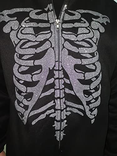 Lokkcy Y2K Rhinestone Skeleton Hoodie 2022 for Men Women, Skull Sweater Print Long Sleeve Zip Up Spider Hoodies-M