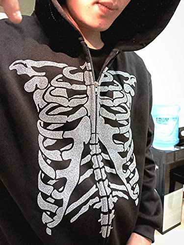 Lokkcy Y2K Rhinestone Skeleton Hoodie 2022 for Men Women, Skull Sweater Print Long Sleeve Zip Up Spider Hoodies-M