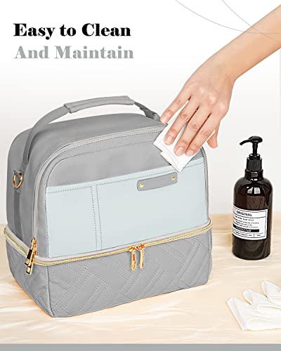 GLORIEROO Lunch Bag Women Men, Large Insulated Lunch Box Tote Cooler - Stylish Vegan Leather 2 Tier Lunch Bag with Adjustable Shoulder Strap for Adults Travel Work, Blue Grey