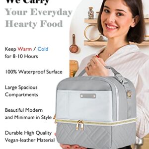 GLORIEROO Lunch Bag Women Men, Large Insulated Lunch Box Tote Cooler - Stylish Vegan Leather 2 Tier Lunch Bag with Adjustable Shoulder Strap for Adults Travel Work, Blue Grey