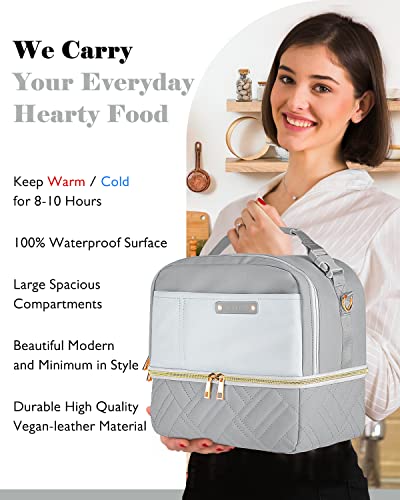 GLORIEROO Lunch Bag Women Men, Large Insulated Lunch Box Tote Cooler - Stylish Vegan Leather 2 Tier Lunch Bag with Adjustable Shoulder Strap for Adults Travel Work, Blue Grey