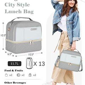 GLORIEROO Lunch Bag Women Men, Large Insulated Lunch Box Tote Cooler - Stylish Vegan Leather 2 Tier Lunch Bag with Adjustable Shoulder Strap for Adults Travel Work, Blue Grey