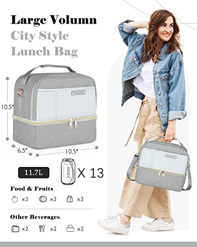 GLORIEROO Lunch Bag Women Men, Large Insulated Lunch Box Tote Cooler - Stylish Vegan Leather 2 Tier Lunch Bag with Adjustable Shoulder Strap for Adults Travel Work, Blue Grey