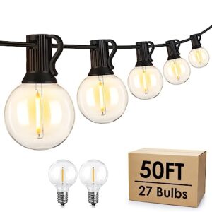 mlambert 50ft led outdoor string lights g40 globe dimmable, waterproof hanging patio lights with 27 warm white shatterproof bulbs(2 spare) for yard, garden, bistro, porch, cafe-black wire