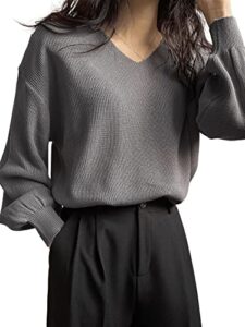 sweatyrocks women's lantern long sleeve drop shoulder sweater v neck ribbed knit pullover top dark grey s