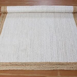 CASAVANI 100% Handmade Natural Jute Rugs Geometric White & Beige Hand Braided Rag Rug Best Uses for Living Room Bedroom Entryway Laundry Room Doorway Door Mate 4x8 6x8 5x5 Feet Square