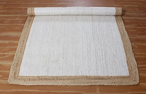 CASAVANI 100% Handmade Natural Jute Rugs Geometric White & Beige Hand Braided Rag Rug Best Uses for Living Room Bedroom Entryway Laundry Room Doorway Door Mate 4x8 6x8 5x5 Feet Square