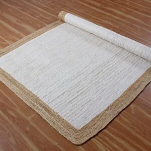 CASAVANI 100% Handmade Natural Jute Rugs Geometric White & Beige Hand Braided Rag Rug Best Uses for Living Room Bedroom Entryway Laundry Room Doorway Door Mate 4x8 6x8 5x5 Feet Square