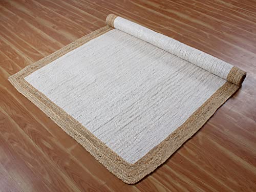 CASAVANI 100% Handmade Natural Jute Rugs Geometric White & Beige Hand Braided Rag Rug Best Uses for Living Room Bedroom Entryway Laundry Room Doorway Door Mate 4x8 6x8 5x5 Feet Square