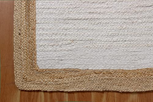 CASAVANI 100% Handmade Natural Jute Rugs Geometric White & Beige Hand Braided Rag Rug Best Uses for Living Room Bedroom Entryway Laundry Room Doorway Door Mate 4x8 6x8 5x5 Feet Square