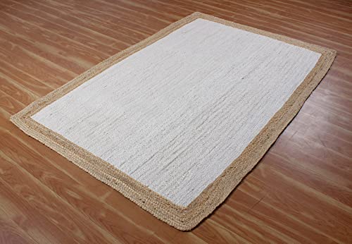 CASAVANI 100% Handmade Natural Jute Rugs Geometric White & Beige Hand Braided Rag Rug Best Uses for Living Room Bedroom Entryway Laundry Room Doorway Door Mate 4x8 6x8 5x5 Feet Square