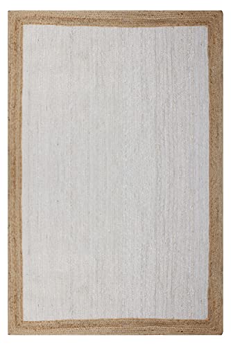 CASAVANI 100% Handmade Natural Jute Rugs Geometric White & Beige Hand Braided Rag Rug Best Uses for Living Room Bedroom Entryway Laundry Room Doorway Door Mate 4x8 6x8 5x5 Feet Square