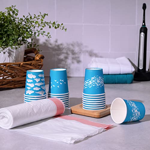 300 Ct 3 oz. Small Ecofriendly Disposable Paper Cups for Bathroom, Espresso Cups, with Ecofriendly Wooden Cup Holder and Biodegradable Small Bathroom Trashbags, Mouthwash Cups