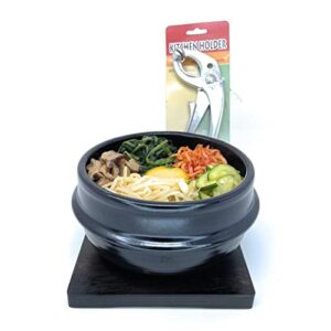jovely korean cooking premium ceramic stone bowl(dolsot or ddukbaegi) diameter 6.3'' high 2.95'' sizzling hot pot for korean food such as bibimbap and soup (with wood tray and special bowl tong set)