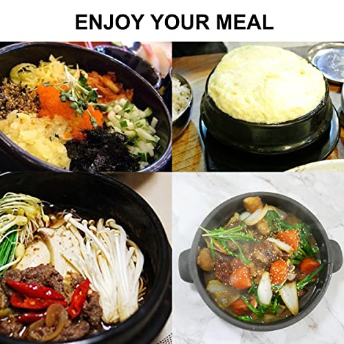 Jovely Korean Cooking Premium Ceramic Stone Bowl(Dolsot or Ddukbaegi) Diameter 6.3'' High 2.95'' Sizzling Hot Pot for Korean food such as Bibimbap and Soup (with Wood Tray and Special Bowl Tong Set)