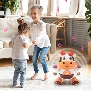 Qiopertar Electric Dazzling Dance Mini Robot Light Music Dance Rotating Robot Children's Toy Baby Cow Musical Toys Christmas Birthday Gift for Kids Boys Girls