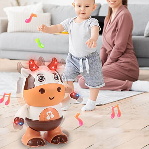 Qiopertar Electric Dazzling Dance Mini Robot Light Music Dance Rotating Robot Children's Toy Baby Cow Musical Toys Christmas Birthday Gift for Kids Boys Girls