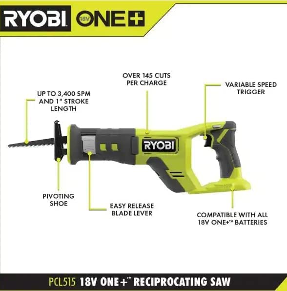 RYOBI ONE+ 18V Cordless Reciprocating Saw PCL515B (Tool Only) (Renewed)