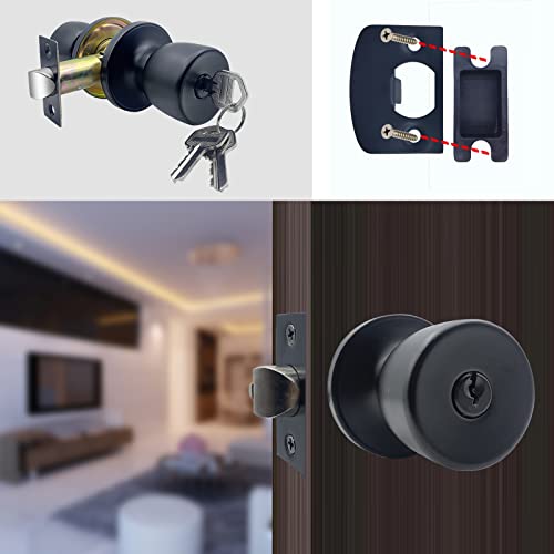 JO.KO Door Knob with Lock and Keyed, Black Matte Round Ball Lock Interior/Exterior Door Knob for Bedroom Or Bathroom/Entry Door Handle