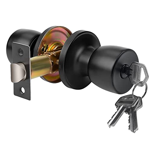 JO.KO Door Knob with Lock and Keyed, Black Matte Round Ball Lock Interior/Exterior Door Knob for Bedroom Or Bathroom/Entry Door Handle