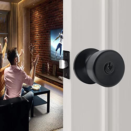 JO.KO Door Knob with Lock and Keyed, Black Matte Round Ball Lock Interior/Exterior Door Knob for Bedroom Or Bathroom/Entry Door Handle