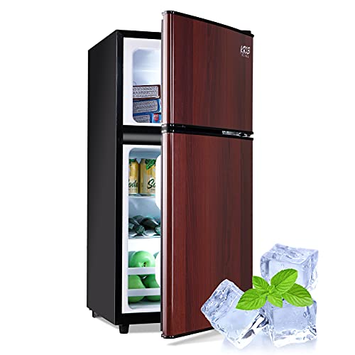 KRIB BLING 3.5 cu.ft Portable Mini Fridge with Removable Glass Shelves, Compact Refrigerator 2 Door Fridge with,Small Refrigerator Storage Cooler for Office, Dorm, Apartment,Bar Wood