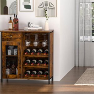 JKsmart Wine Bar Cabinet with 3-Tier Detachable Wine Rack and 1 Drawer, Industrial Sideboard and Buffet Cabinet with Glass Holder, Coffee Bar Cabinet with mesh Door for Home & Kitchen, Rustic Brown