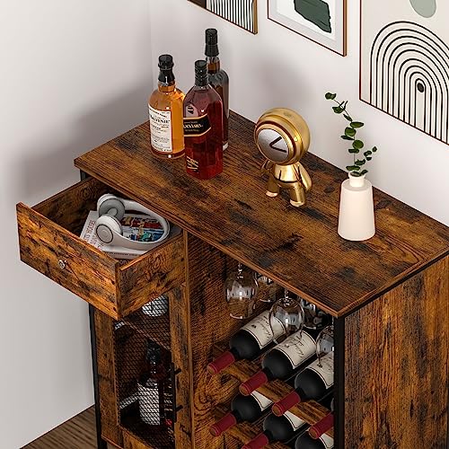 JKsmart Wine Bar Cabinet with 3-Tier Detachable Wine Rack and 1 Drawer, Industrial Sideboard and Buffet Cabinet with Glass Holder, Coffee Bar Cabinet with mesh Door for Home & Kitchen, Rustic Brown