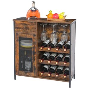 JKsmart Wine Bar Cabinet with 3-Tier Detachable Wine Rack and 1 Drawer, Industrial Sideboard and Buffet Cabinet with Glass Holder, Coffee Bar Cabinet with mesh Door for Home & Kitchen, Rustic Brown