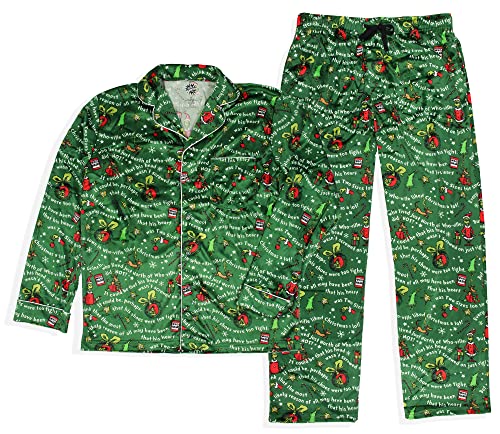 Dr. Seuss How the Grinch Stole Christmas Mens' Tossed Print Notch Collar Sleep Pajama Set (Large)