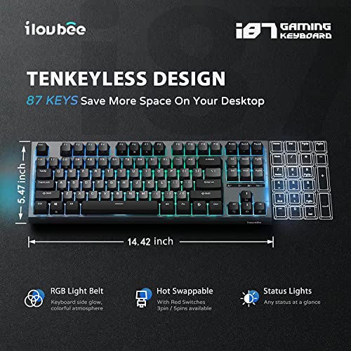 iLovBee i87 Mechanical Keyboard Gaming 75% Compact TKL Hot Swappable Keyboard Linear Red Switches RGB Backlit Side Light Wired Ergonomic Design Software Supported 87Keys, Black/Grey