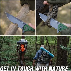 FLISSA Folding Pocket Knife, Tactical Knife with Liner Lock, Tanto Blade, Pocket Clip, Glass Breaker, Seatbelt Cutter, Perfect for Hunting, Camping, Survival (Green)