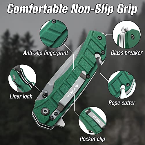 FLISSA Folding Pocket Knife, Tactical Knife with Liner Lock, Tanto Blade, Pocket Clip, Glass Breaker, Seatbelt Cutter, Perfect for Hunting, Camping, Survival (Green)