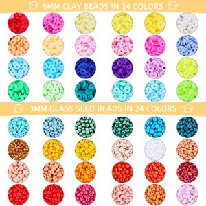 SJZWSD Friendship Bracelet Kit - 13000pcs Polymer Clay & Glass Seed Beads, 48 Colors, 6mm Heishi & 416 Letters Beads for Bracelet Making & Friendship Bead Creations