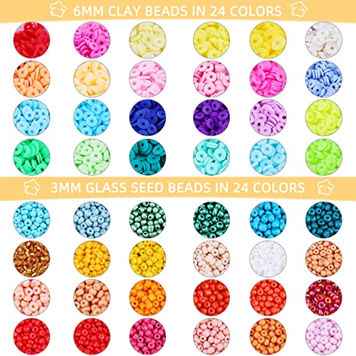 SJZWSD Friendship Bracelet Kit - 13000pcs Polymer Clay & Glass Seed Beads, 48 Colors, 6mm Heishi & 416 Letters Beads for Bracelet Making & Friendship Bead Creations