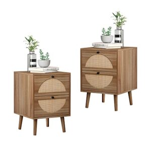 fokwe rustic rattan nightstand 2-drawer, end table side table wooden coffee table with storage and solid wood legs for living room, bedroom(walnut,2 pack), walnut-2 drawers-2 packs,