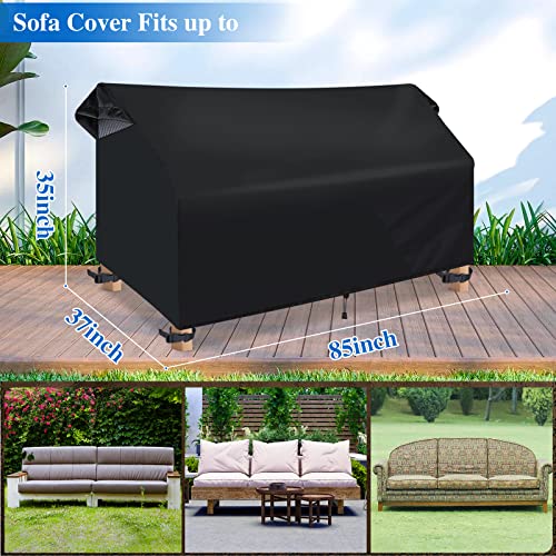 MEXQF Outdoor Sofa Covers Waterproof, Outdoor Couch Cover (85W x 37D x 35H, Black) Patio Furniture Covers 3-Seater Large Weatherproof Outdoor Furniture Cover for Lawn Outside Garden