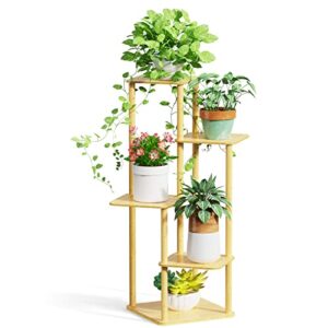 mudeela plant stand indoor, 5 tier bamboo corner, tall shelf multiple plant holders for indoor, outdoor, corner, living room, balcony, and bedroom