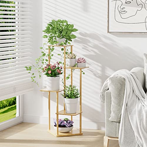 MUDEELA Plant Stand Indoor, 5 Tier Bamboo Corner, Tall Shelf Multiple Plant Holders for Indoor, Outdoor, Corner, Living Room, Balcony, and Bedroom