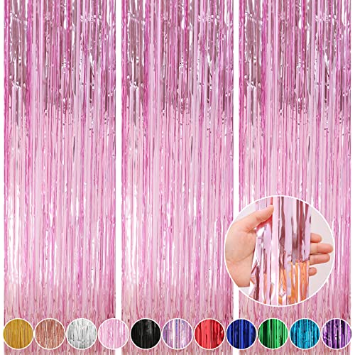 Crosize Pink Foil Fringe Backdrop Streamer Curtains for Birthday Party Decorations, Tinsel Curtain for Parties, Galentines Decor, Preppy, Photo Booth -3.3 x 9.9 ft, 3 Pack